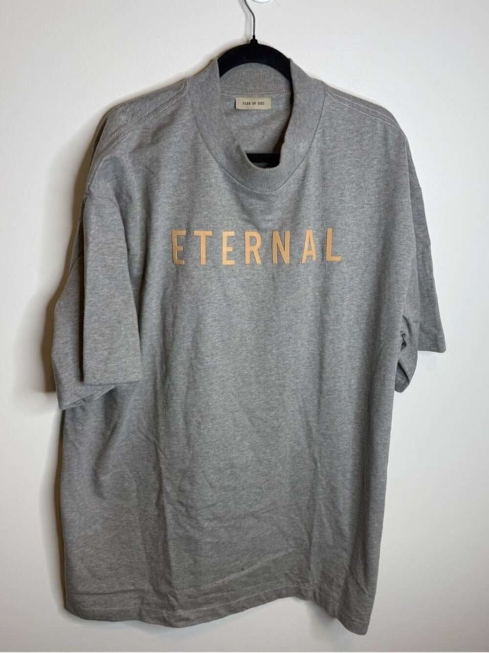 Fear of God Gray Short-Sleeve Tee with Beige 'ETERNAL' Logo size XL